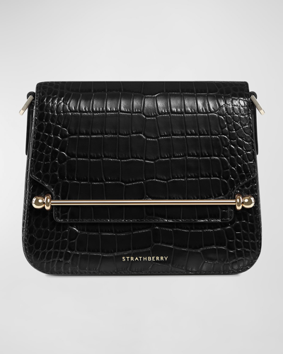 Strathberry Ace Mini Croc-embossed Crossbody Bag In Black