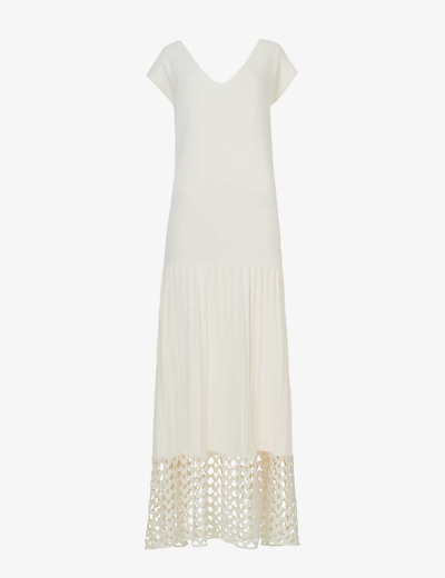Leem Womens Off White Pleated Crochet-hem Knitted Maxi Dress