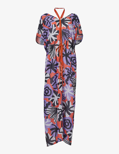 Leem Floral-print Neck-tie Woven Maxi Dress In Orange/pur