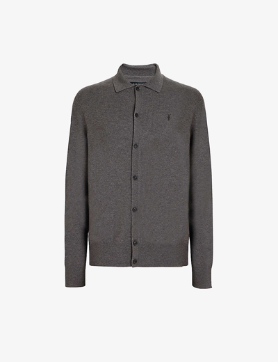 Allsaints Mens Monument Grey Kilburn Ramskull-embroidered Wool And Recycled Polyamide-blend Cardigan In Monument Grey Marl