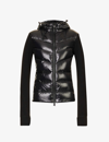 MONCLER MONCLER GRENOBLE WOMENS BLACK QUILTED-PANEL BRAND-APPLIQUÉ REGULAR-FIT FLEECE CARDIGAN,68620906