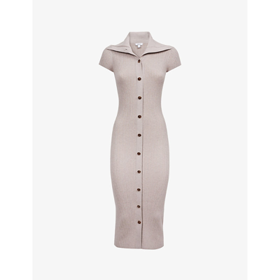 Reiss Womens Neutral Megan Button-down Short-sleeve Stretch-knit Midi Dress