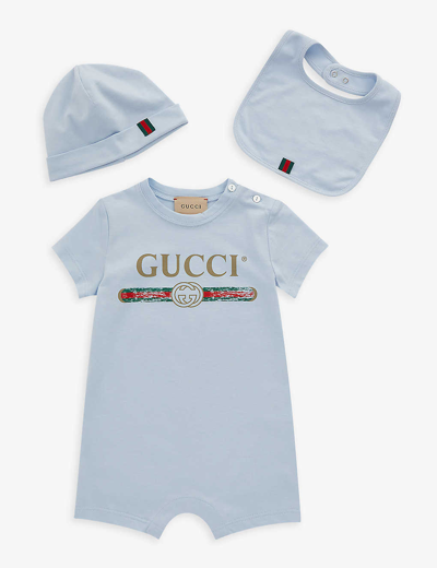 Gucci Babies' Logo-print Three Piece Cotton-jersey Set 0-9 Months In Pale Blue/green/red