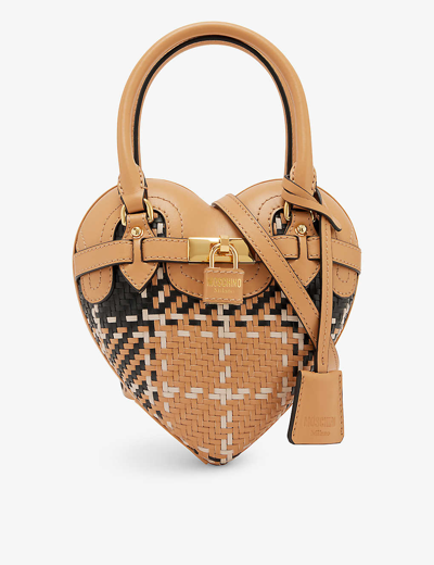 Moschino Heart Shaped Woven Bag In Fantasy Print Beige