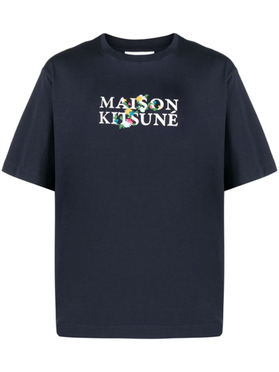 Maison Kitsuné Logo-embroidered Crew-neck T-shirt In Blue