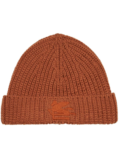 Etro Pegaso Motif-embroidered Wool Beanie In Brown