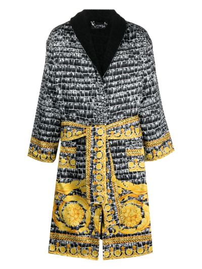 Versace Barocco-print Cotton Dressing Gown In Black