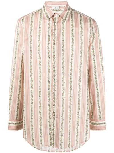 Etro Floral-print Striped Cotton Shirt In Beige