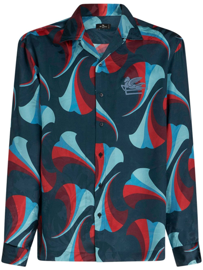 Etro Printed Silk Bowling Shirt In Navy Blue