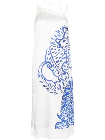 Ferragamo Floral-print Silk Mididress In Blue