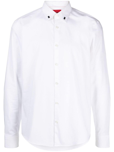 Hugo Logo-collar Long-sleeve Shirt In White