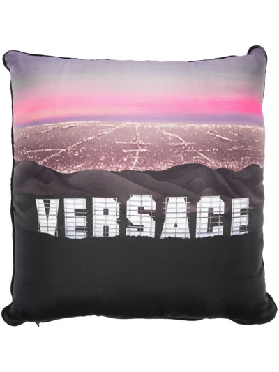 Versace Landscape-print Silk Pillow In Schwarz