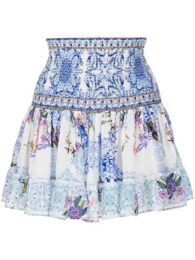 Camilla Graphic-print Shirred Miniskirt In Weiss
