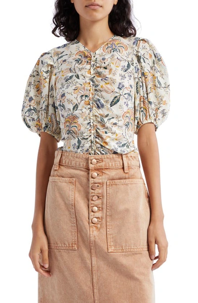 Ulla Johnson Elise Ruffle-trim Silk Puff-sleeve Top In Gardenia