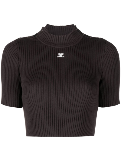Courrèges Logo-embroidered Ribbed-knit Cropped Top In Brown