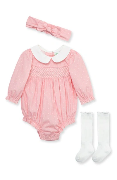 Little Me Babies' Smocked Dot Print Cotton Bubble Romper, Headband & Socks Set In Pink