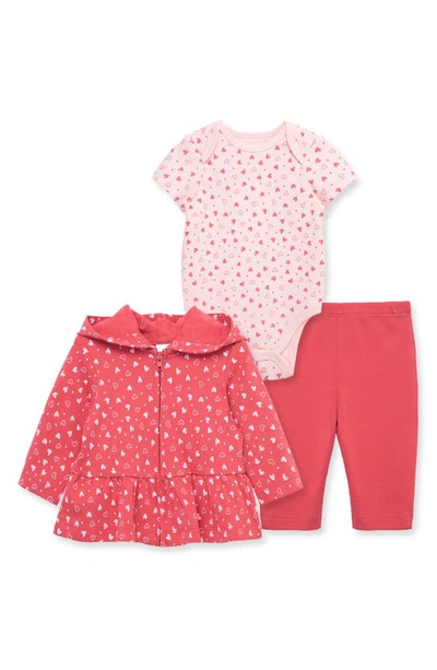 Little Me Babies' Heart Print Cotton Peplum Jacket, Bodysuit & Pants Set In Red