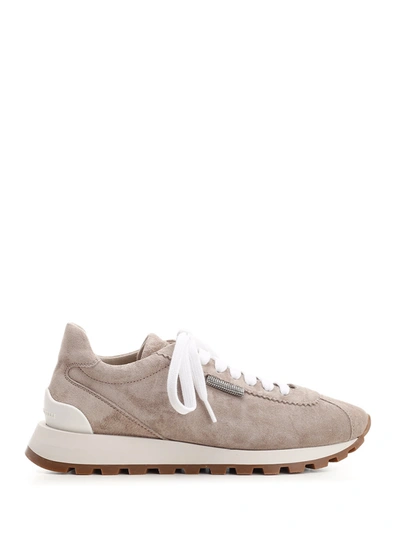 Brunello Cucinelli Shiny Tab Suede Sneakers In Grey