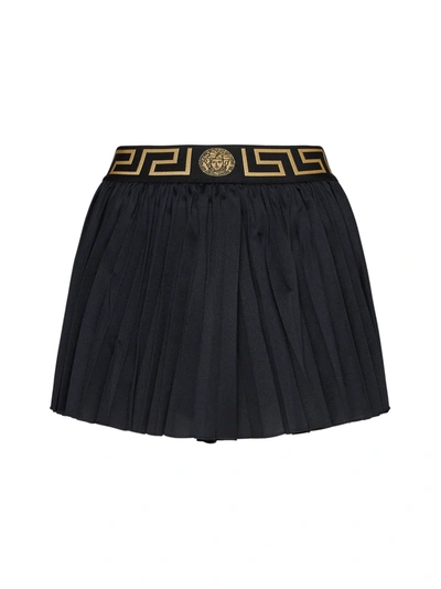 Versace Greca-jacquard Pleated Mini Skirt In Black