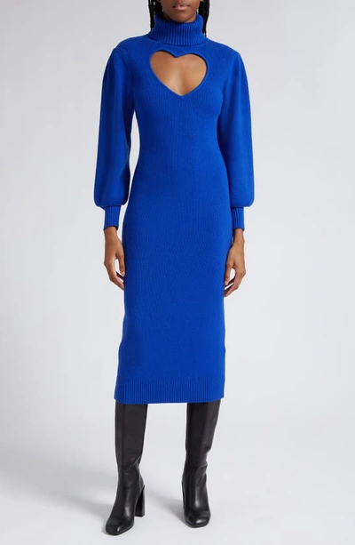 Farm Rio Heart Cutout Long Sleeve Sweater Dress In Blue