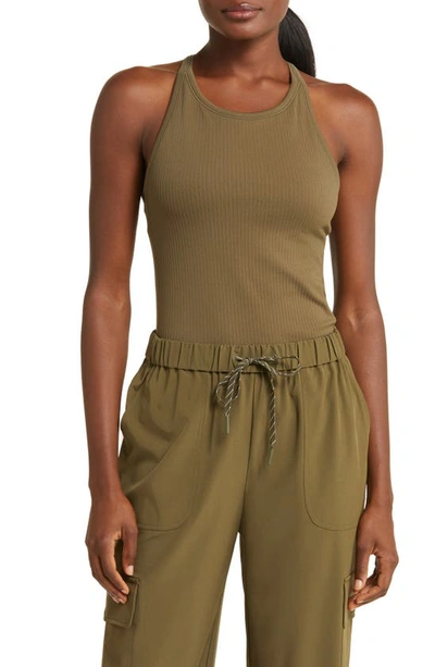 Zella Pure Seamless Ribbed Racerback Tank Top In Olive Night