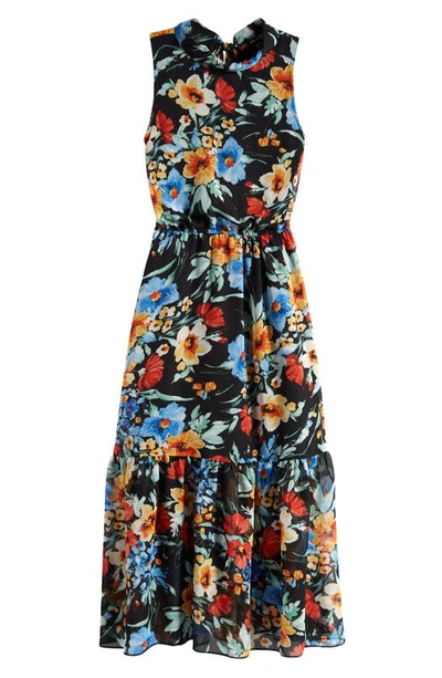 Ava & Yelly Kids' Floral Mock Neck Chiffon Party Dress In Black