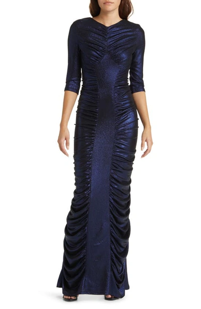 Black Halo Mari Ruched Metallic Gown In Orion Dream