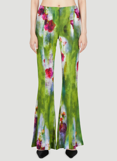 Acne Studios Flared Floral-print Crepe Trousers In Green