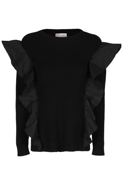 Red Valentino Ruffle-detail Ribbed-knit Top In Black