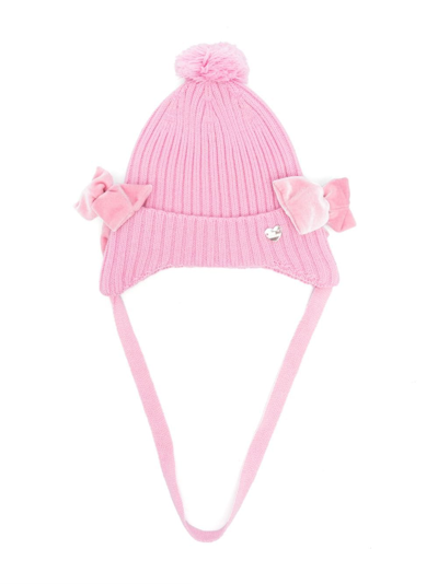 Monnalisa Kids' Bow-detail Ribbed-knit Hat In Pink