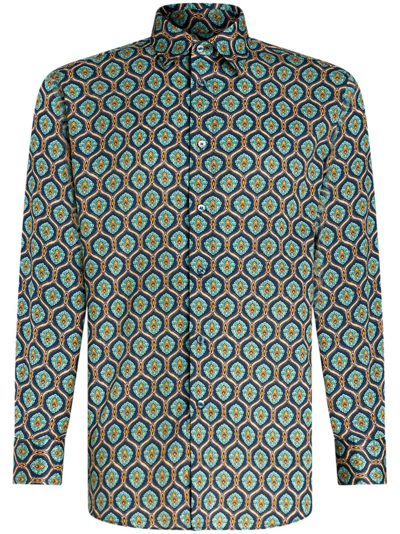 Etro Geometric-print Cotton Shirt In Blue