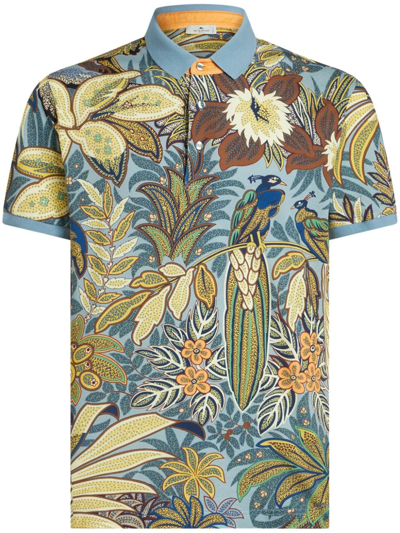 Etro Peacock-print Cotton Polo Shirt In Multicolour
