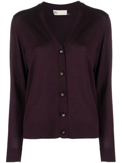 Tory Burch Fine-knit V-neck Cardigan In Evening Plum