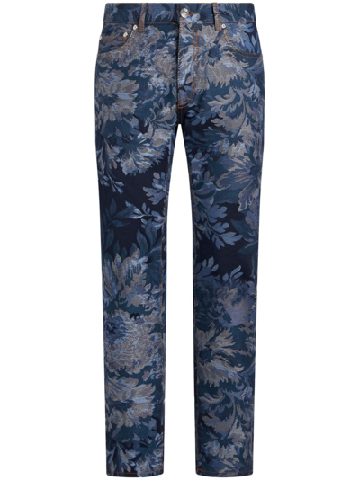 Etro Floral-jacquard Wide-leg Jeans In Navy Blue