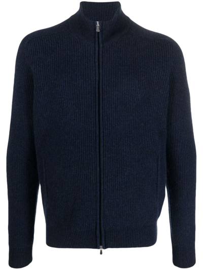 Barba Napoli Ribbed-knit Zipped Cardigan In Blue