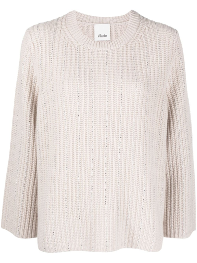 Allude Rhinestone-stripes Ribbed-knit Jumper In Neutrals