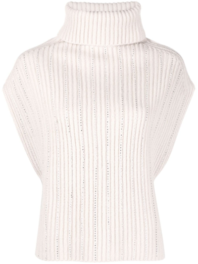 Allude Rhinestone-stripes Ribbed-knit Top In Neutrals