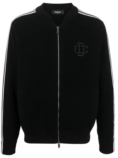 Dsquared2 Logo-embroidered Bird's Eye Knit Cardigan In Black