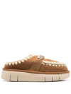 Mou Logo-lettering Crochet-trim Suede Mules In Brown