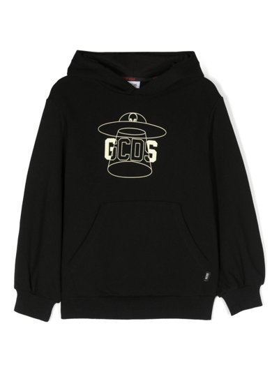 Gcds Kids' Logo印花棉连帽衫 In Black