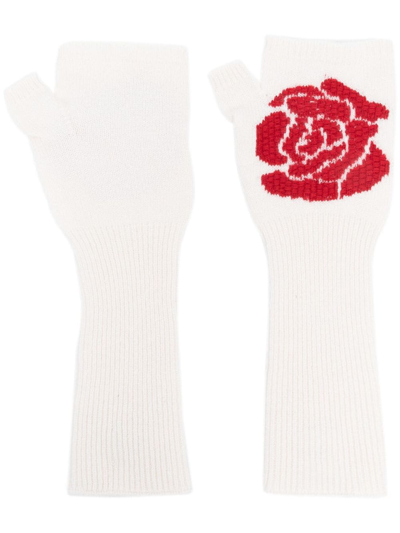 Barrie Cashmere Fingerless Gloves With Roses Motifs In White