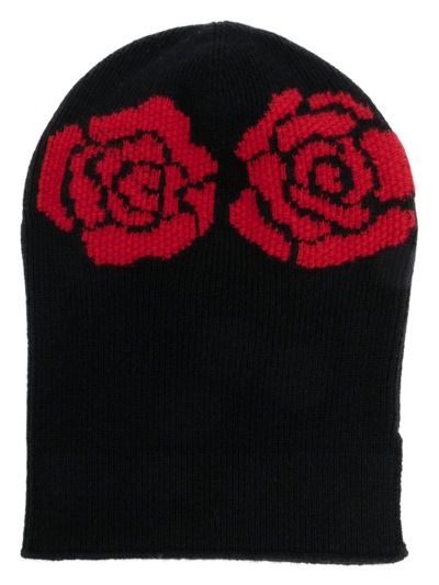 Barrie Cashmere Beanie With Roses Motifs In Black