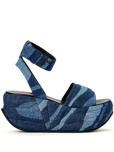 Pucci Patchwork-denim Wedge Sandals In Blue