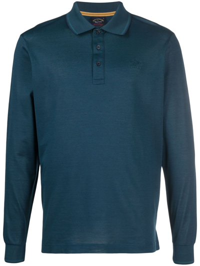 Paul & Shark Long-sleeved Cotton Polo Shirt In Blue