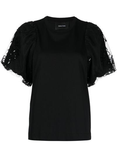 Simone Rocha Sequin Tulle Puff Sleeve A-line Top In Black