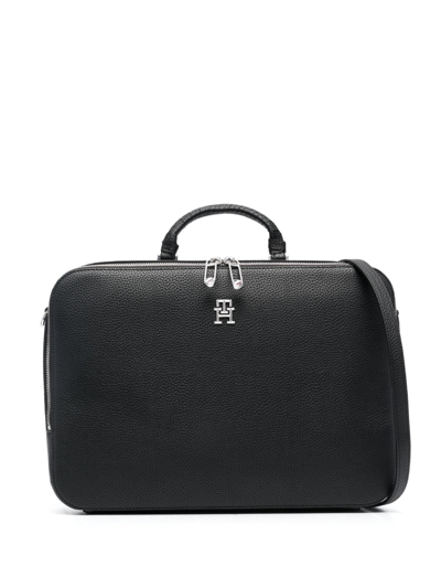 Tommy Hilfiger Logo-lettering Pebbled Laptop Bag In Black