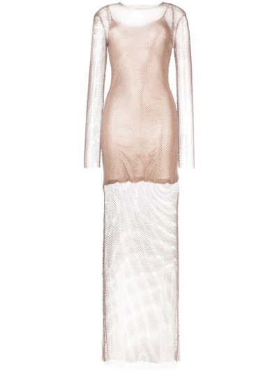 Genny Rhinestone-embellished Long-sleeve Maxi Dress In Neutrals