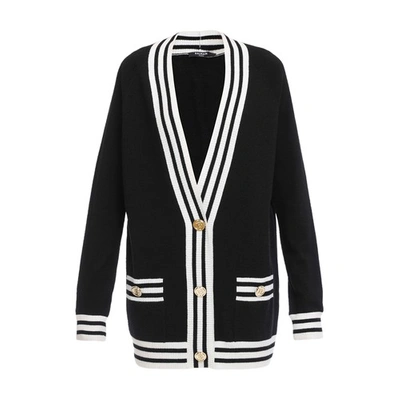 Balmain Long-sleeved Gilet Straight Cut V-neck Two Front Pockets Snap-button Closure Logo At The Back Stripe In Noir_blanc