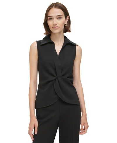 Calvin Klein Women's Sleeveless Twist-front Collared Shirt In Black