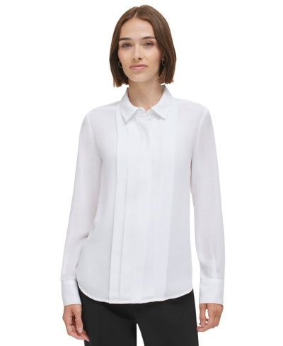 Calvin Klein Petite Pleat-front Point-collar Shirt In White